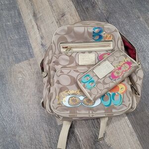 Coach Beige Backpack and Wallet with Colorful Accents